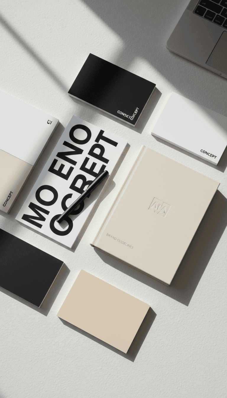 Brand identity materials including color swatches, typography samples, and brand guidelines displayed on a designer's workspace