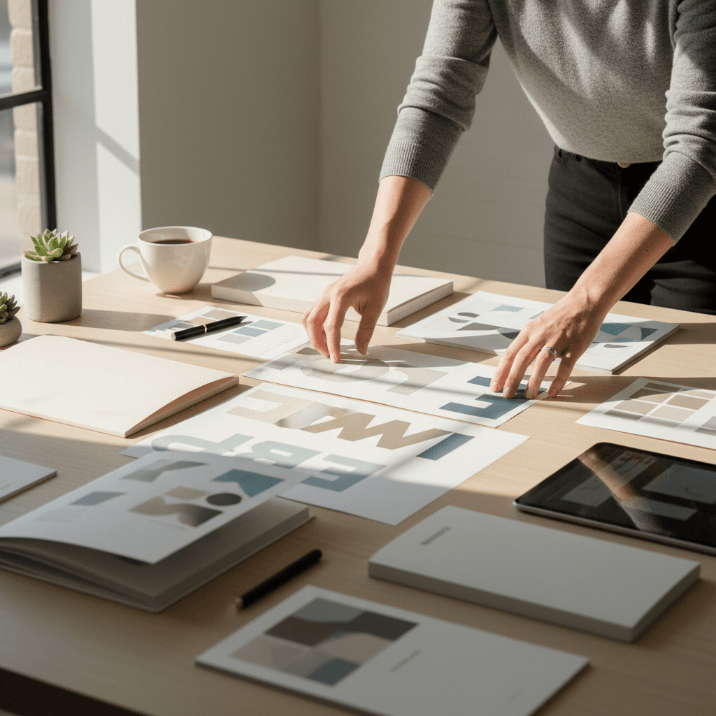 Creative director reviewing brand guidelines and design materials